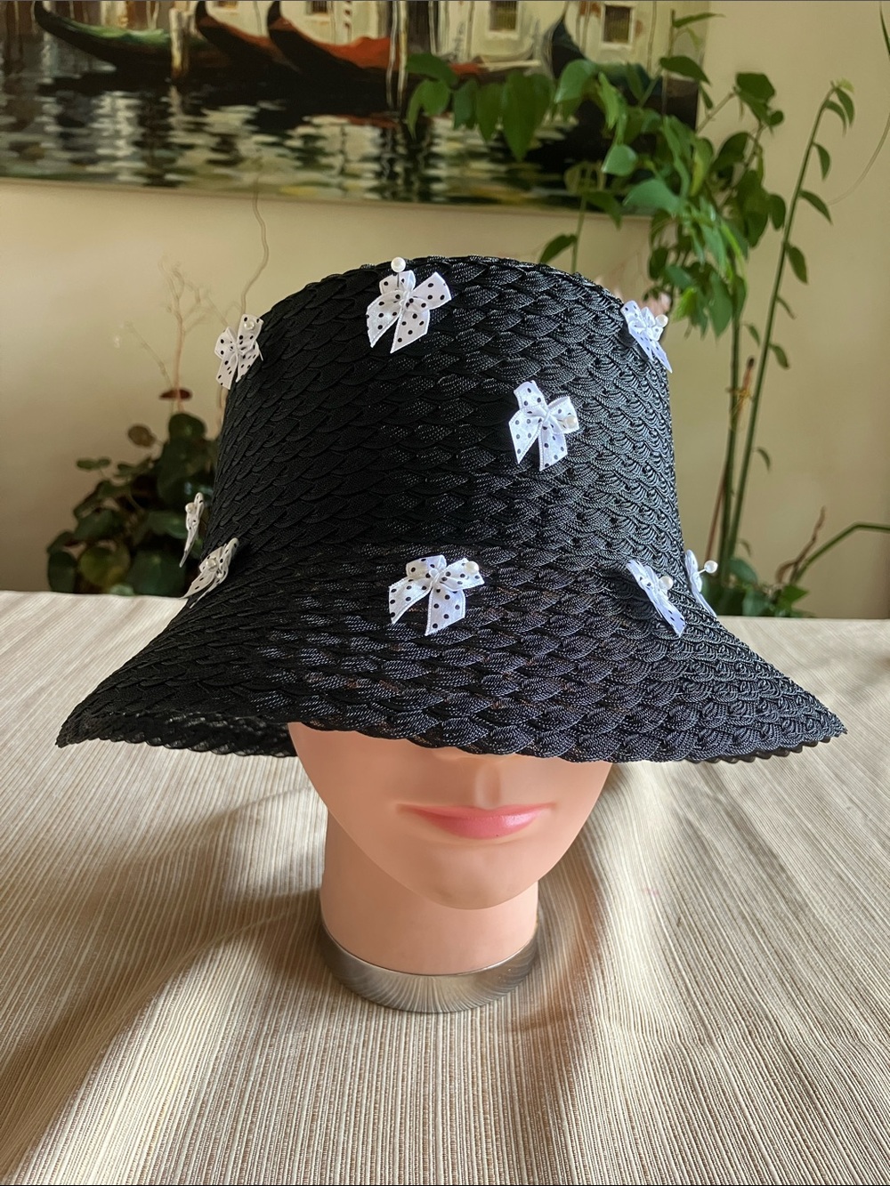 Black Bucket Hat with White Polka Dot Bows